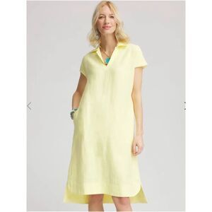 EUC Chicos Linen Shirt Dress Size 2 Large Bright Yellow Pockets Casual Oversized